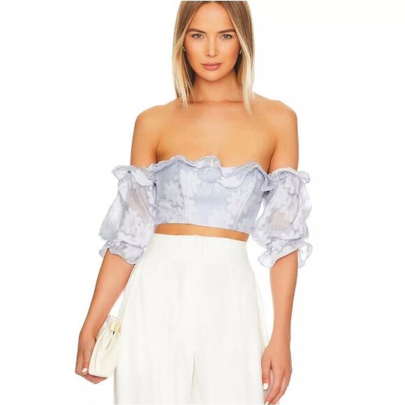 Majorelle Andrea Floral Off The Shoulder Crop Top in Powder Blue Ruffle Size XS - Picture 1 of 5